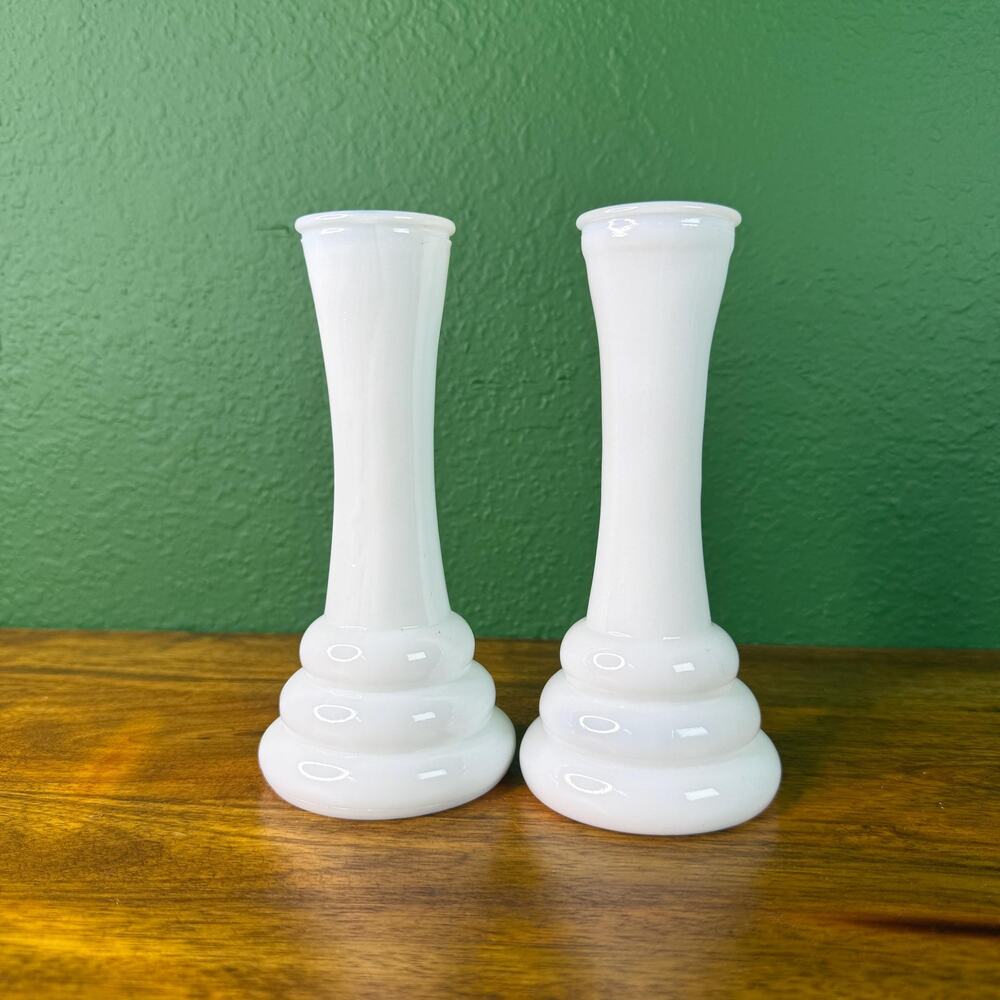 Vintage Milk Glass Vase Set Two Bud Vase Glasses